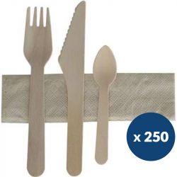 Sachet couverts bois fourchette couteau cuillière serviette x250