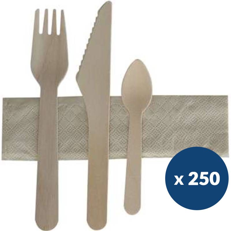 Sachet couverts bois fourchette couteau cuillière serviette x250 Sachet couverts bois fourchette couteau cuillière serviette x250