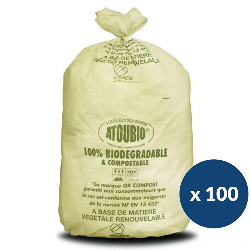 Sac poubelle biodégradable vert 110 Lx100 liens classiques Sac poubelle biodégradable vert 110 Lx100 liens classiques