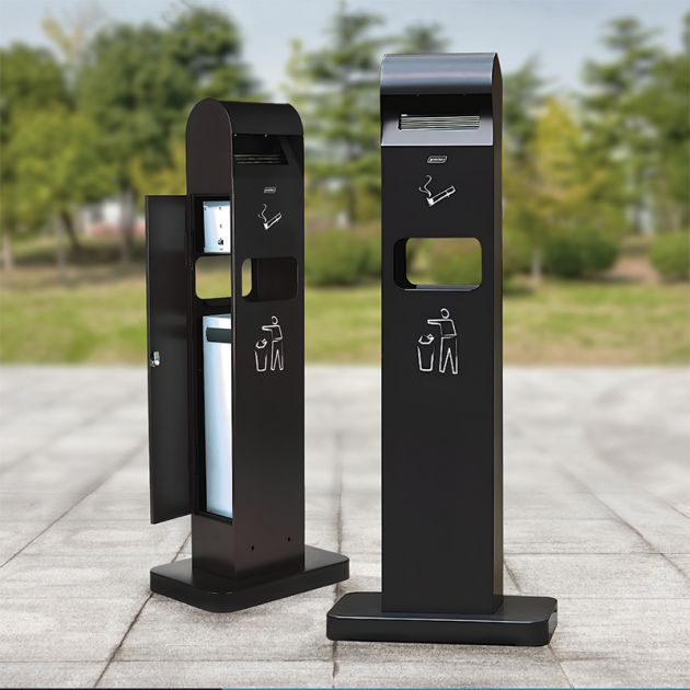 Cendrier poubelle sur pied totem gris anthracite en acier ambiance