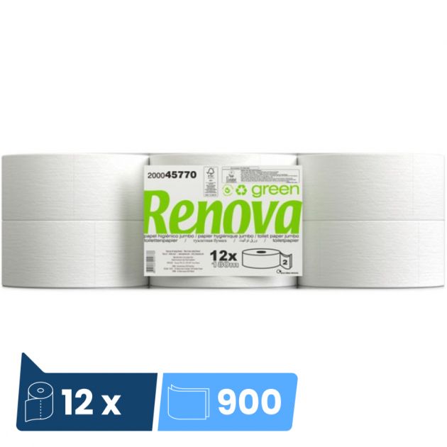 Papier toilette mini jumbo Ecolabel 2 plis 180 m Renovagreen Renova - colis de 12 bobines
