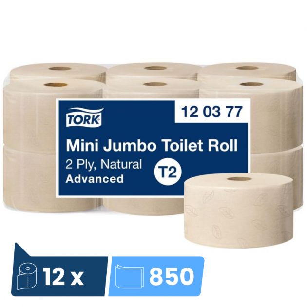 Papier toilette mini jumbo Tork T2 naturel 2 plis Advanced 12 x 170 m