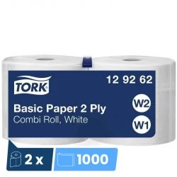 Papier d'essuyage blanc 2 plis Basic Combi Roll Tork W1/W2 - colis de 2 bobines de 1000 feuilles
