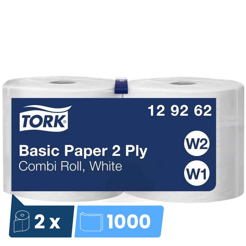 Papier d'essuyage blanc 2 plis Basic Combi Roll Tork W1/W2 - colis de 2 bobines de 1000 feuilles