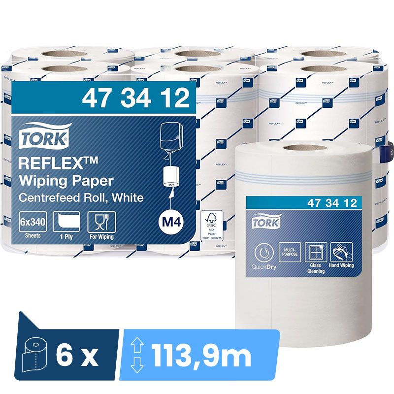 Bobine dévidage central 1 pli blanc Tork M4 - colis de 6 bobines de 340 feuilles