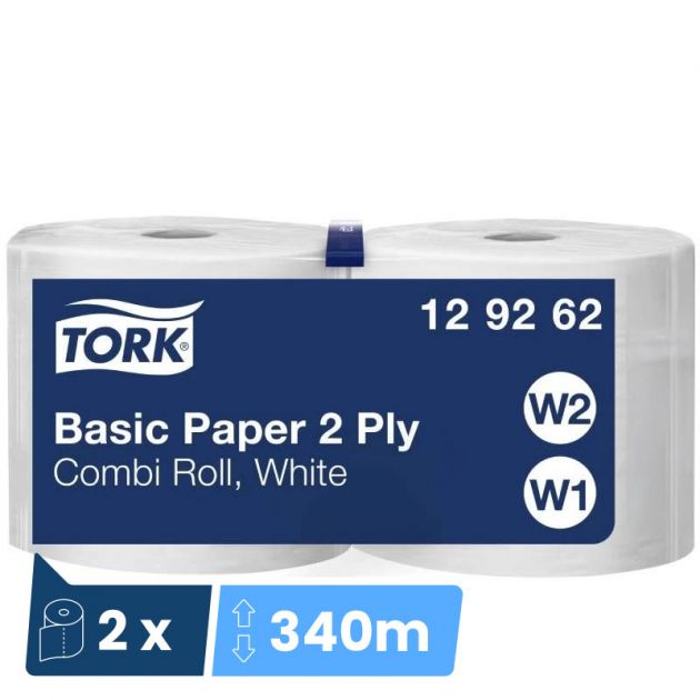 Papier d'essuyage blanc 2 plis Basic Combi Roll Tork W1/W2 - colis de 2 bobines de 1000 feuilles