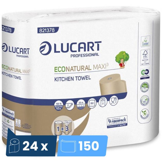 Essuie-tout 2 plis Eco Natural Lucart - colis de 24 rouleaux de 150 feuilles