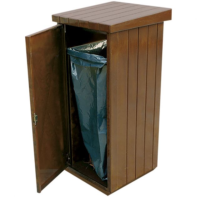 Poubelle extérieure 130 L en béton aspect bois marron ouvert Poubelle extérieure 130 L en béton aspect bois marron ouvert