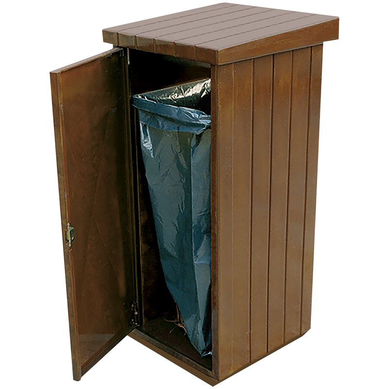 Poubelle extérieure 130 L en béton aspect bois marron ouvert Poubelle extérieure 130 L en béton aspect bois marron ouvert