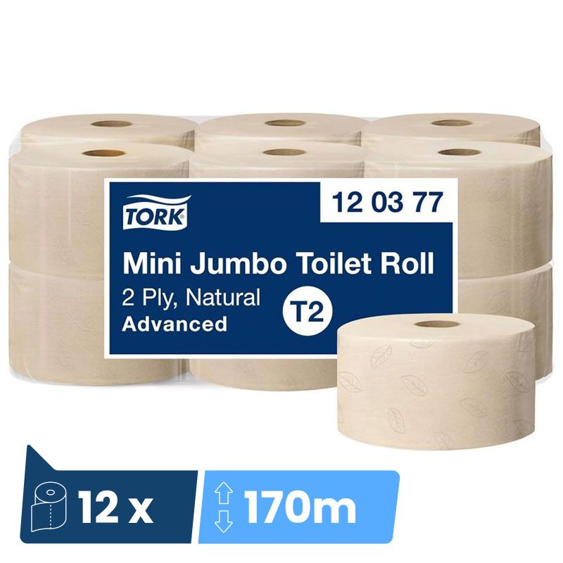 Papier toilette mini jumbo Tork T2 naturel 2 plis Advanced 12 x 170 m