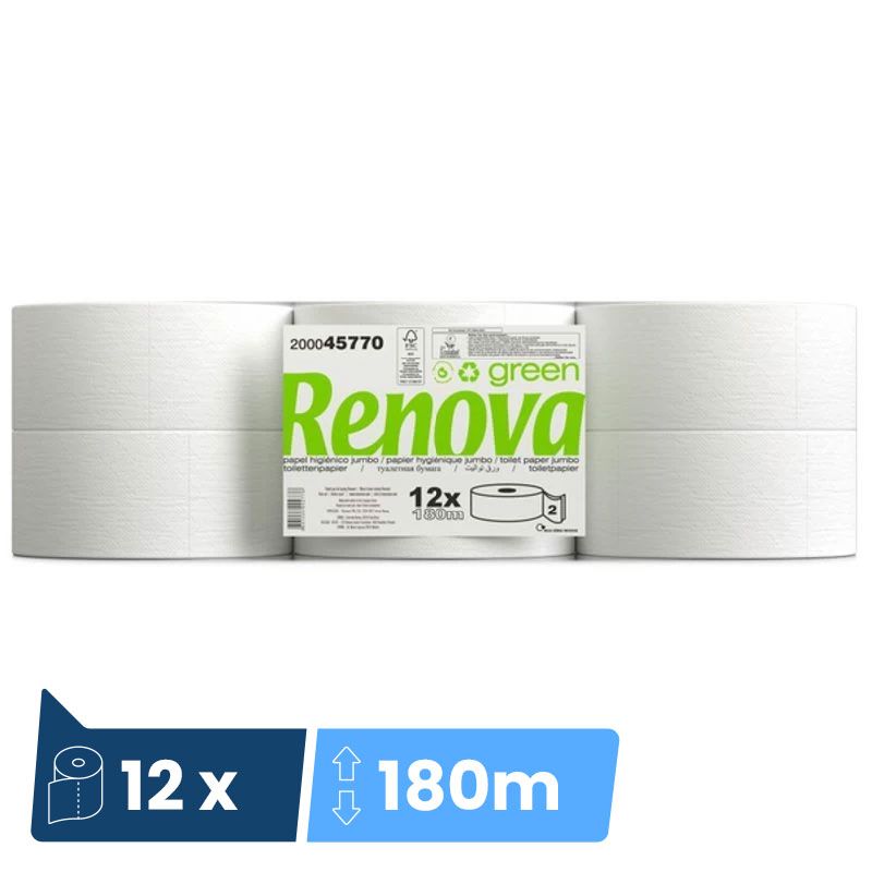 Papier toilette mini jumbo Ecolabel 2 plis 180 m Renovagreen Renova - colis de 12 bobines