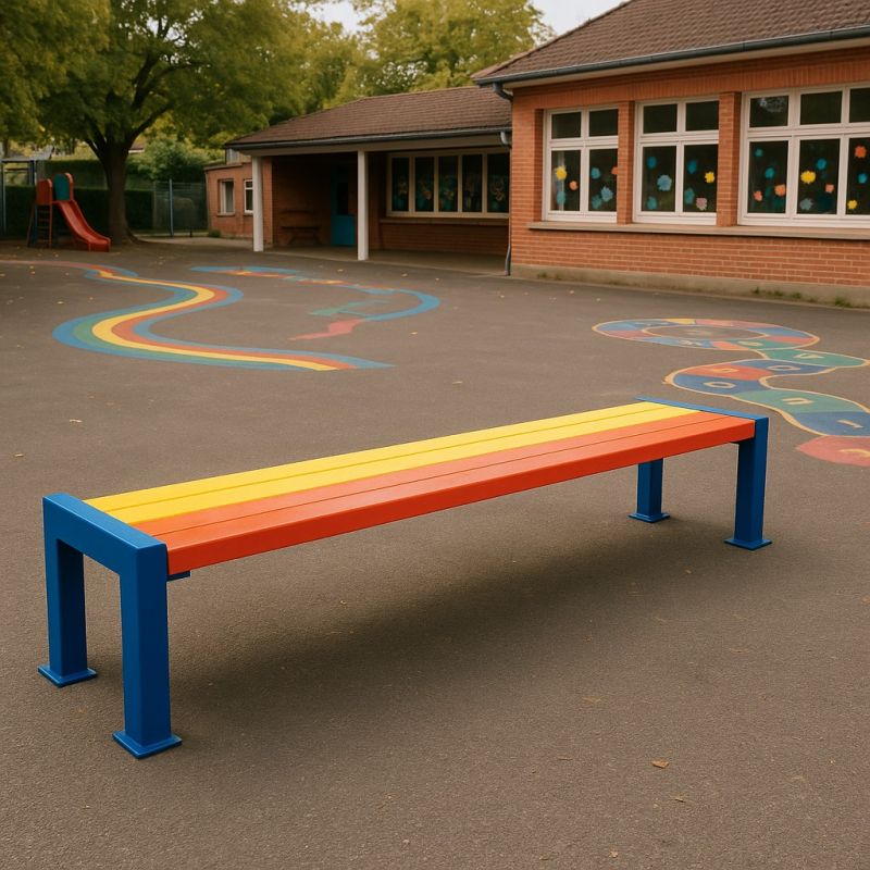 Banquette extérieure école bois et acier multicolore