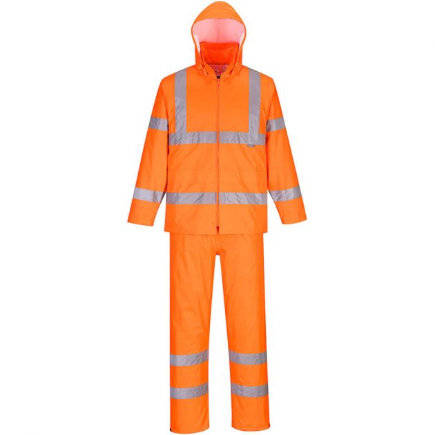 Ensemble de pluie enroulable haute visibilité orange face