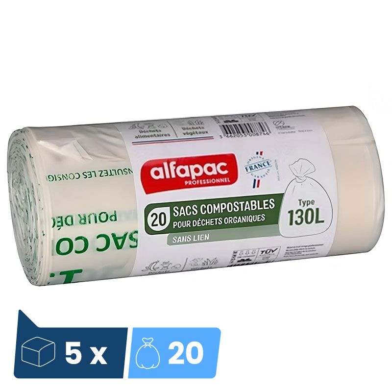 Sac poubelle biodégradable vert 130 L x100 liens classiques