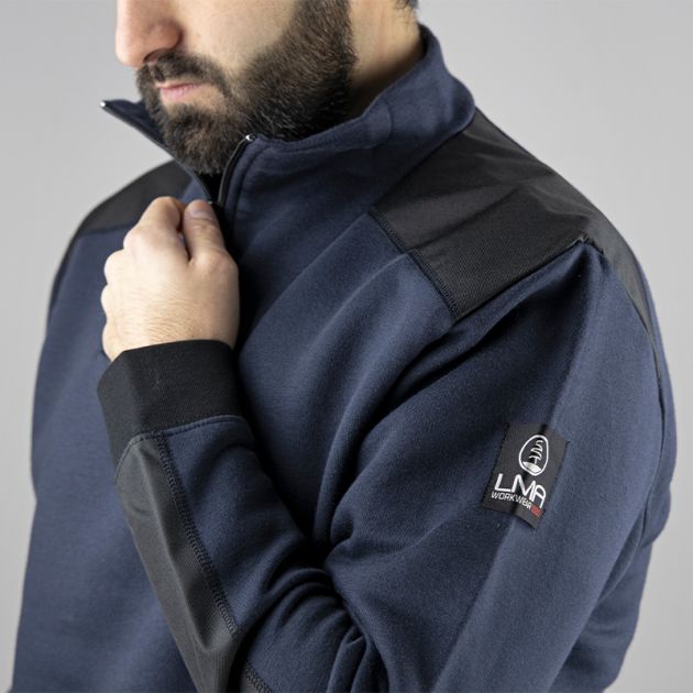 Sweat col camionneur bicolore bleu epaule