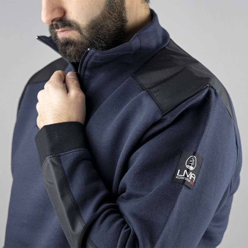 Sweat col camionneur bicolore bleu epaule