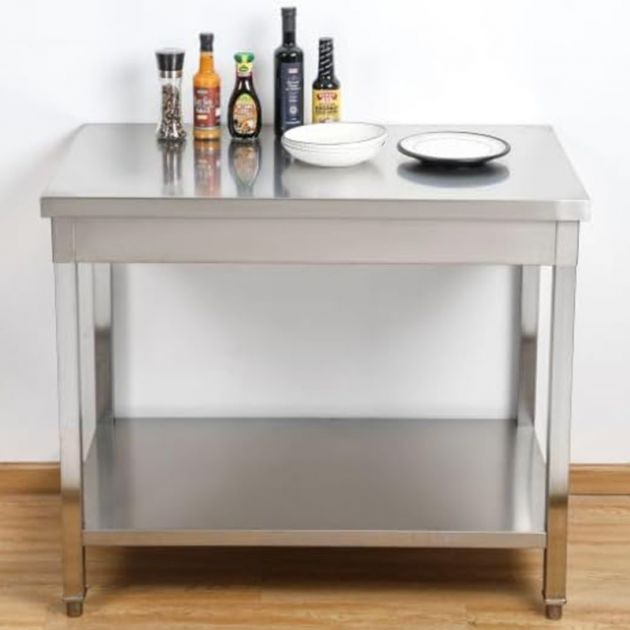 Table inox centrale avec étagère 600 mm