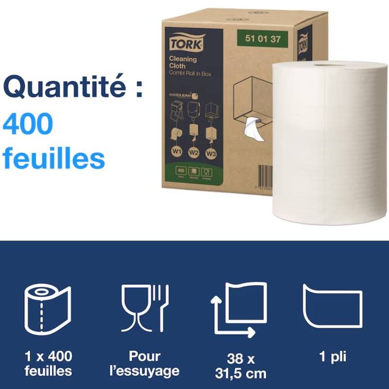 Chiffon de nettoyage Tork bobine 400 feuilles 510137 Chiffon de nettoyage Tork bobine 400 feuilles 510137
