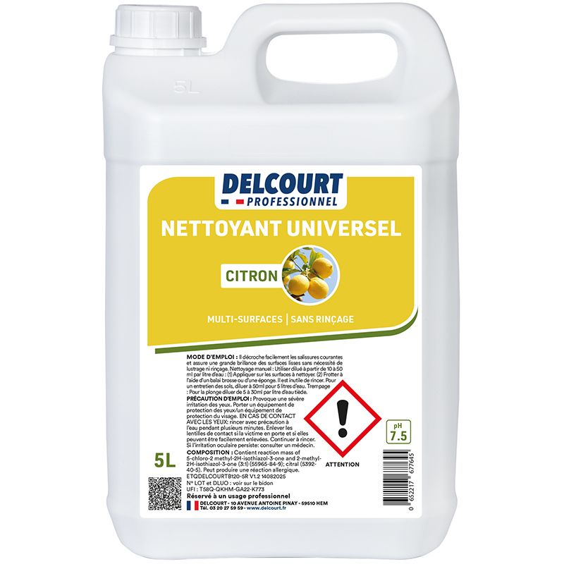 Nettoyant détergent universel concentré parfum citron HACCP 5 L face Nettoyant détergent universel concentré parfum citron HACCP 5 L face