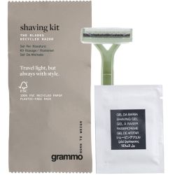 4 x set de rasage avec rasoir à double lame en plastique recyclé de couleur verte et sachet de Gel à raser de 6ml grammo