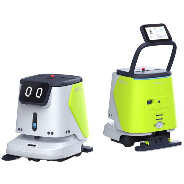 Robot laveur de sol professionnel PUDU CC1 blanc profil avec ecran