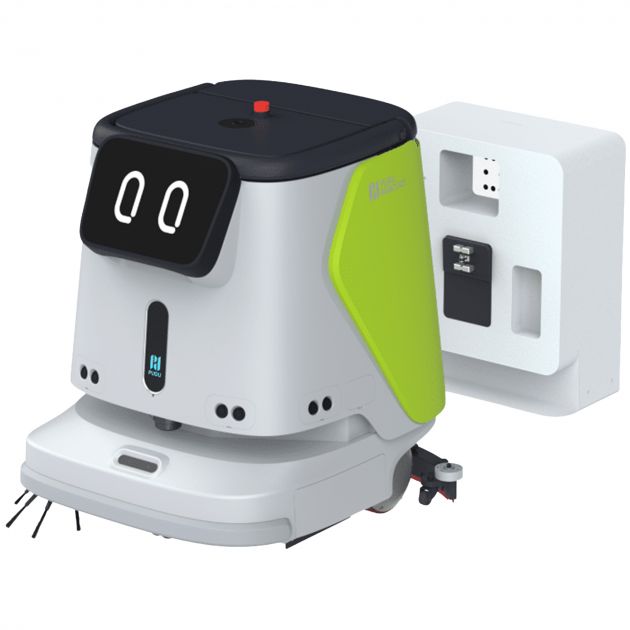 Robot laveur de sol professionnel PUDU CC1 profil blanc prise