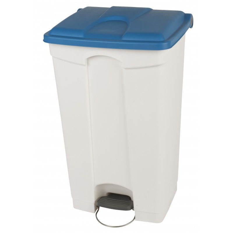 Poubelle de cuisine à pédale mobile plastique blanc couvercle bleu 90 L