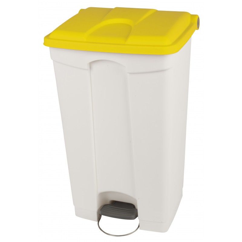Poubelle de cuisine à pédale mobile plastique blanc couvercle jaune 90 L