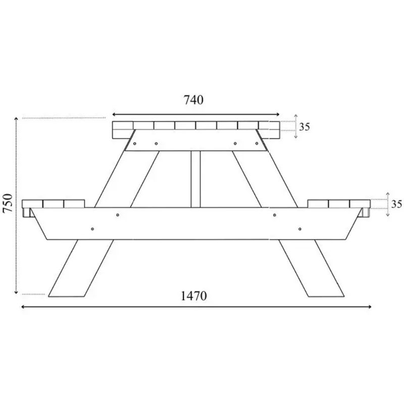 Table de pique nique bois pin FSC 35 mm trou parasol schema profil