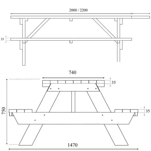 Table de pique nique bois PMR pin FSC 35 mm trou parasol schema