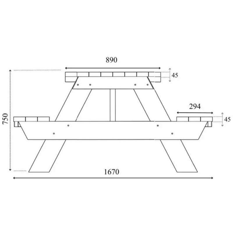 Table de pique nique en bois pin FSC 45 mm trou parasol schema coté