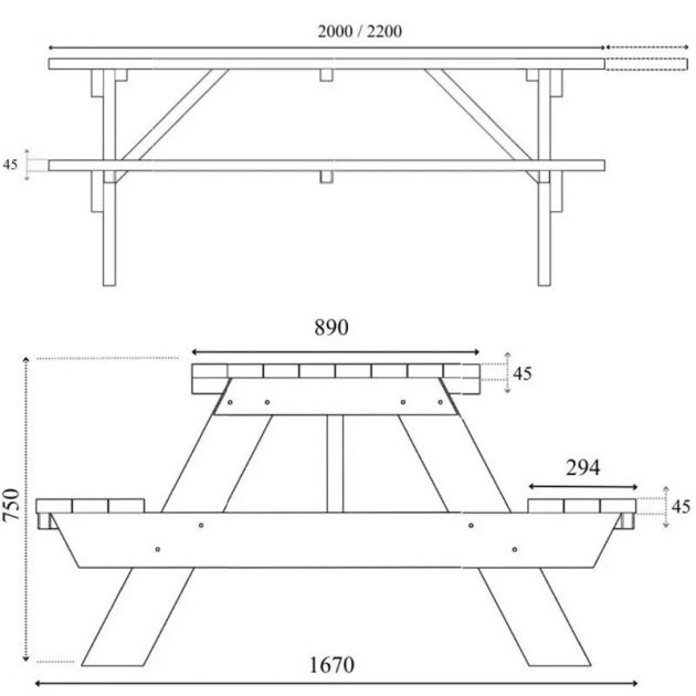 Table de pique nique PMR en bois pin FSC 45 mm trou parasol schema