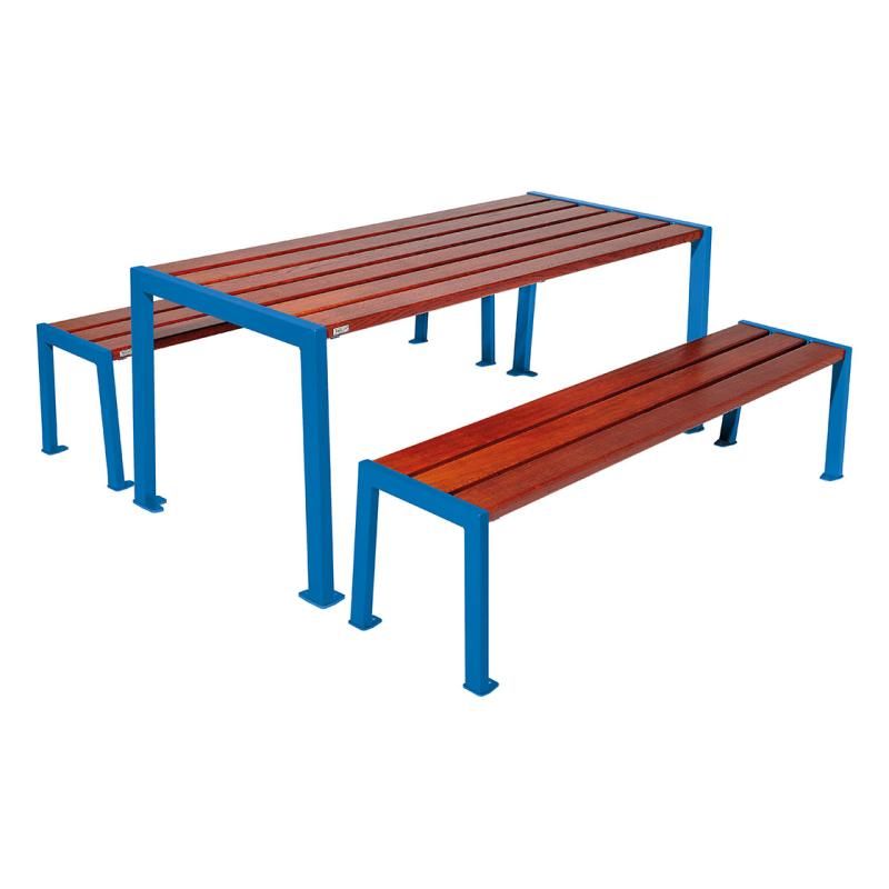 Table de pique-nique en bois acajou et acier bleu