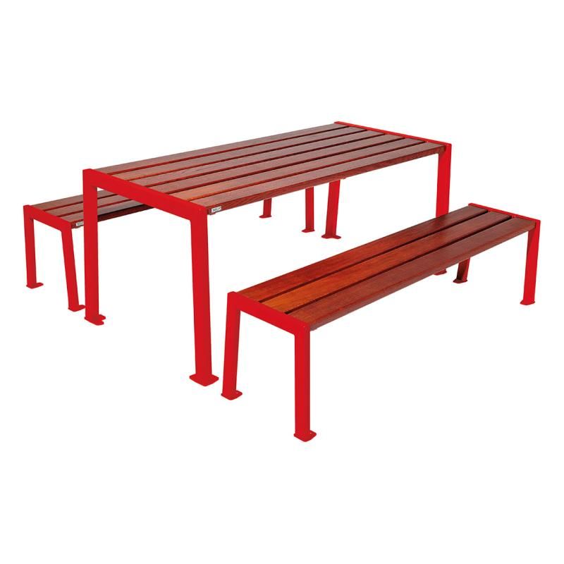 Table de pique-nique en bois acajou et acier rouge