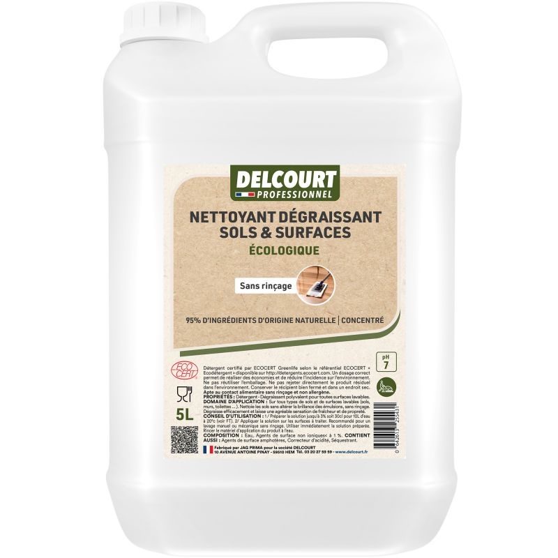 Nettoyant dégraissant concentré multi-surfaces écologique 5 L sans parfum face