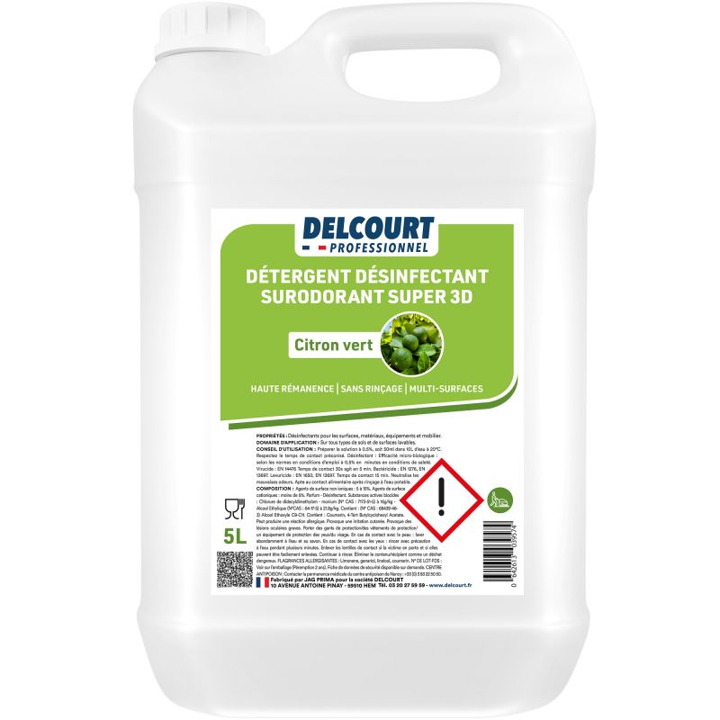 Détergent surodorant bactéricide Delcourt bidon 5 L citron vert face