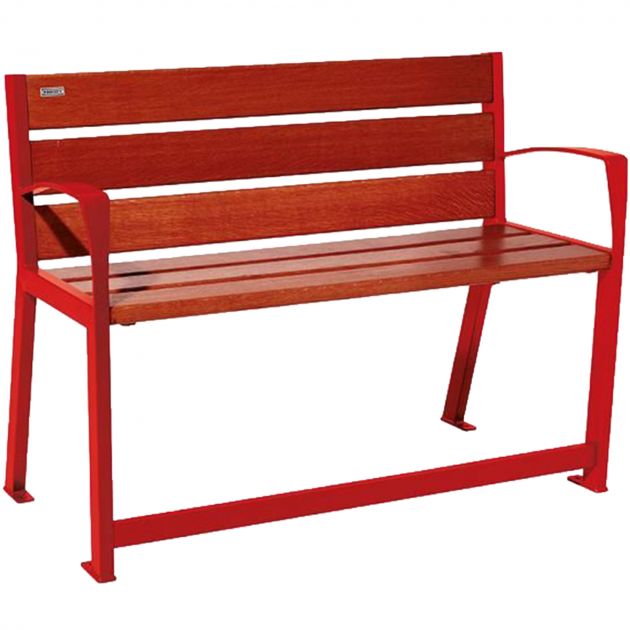 Banc public bois senior 120 cm chêne et acier rouge acajou
