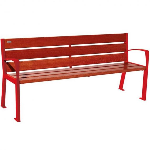 Banc public bois avec accoudoirs 180 cm chêne et acier rouge acajou