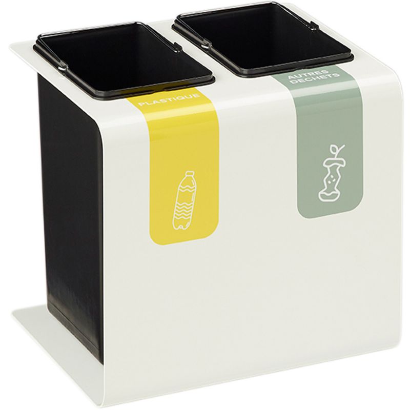 Poubelle tri sélectif 2 bacs en métal blanc avec stickers Tribu