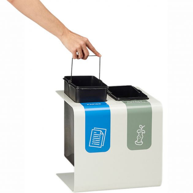 Poubelle tri sélectif 2 bacs en métal blanc avec stickers Tribu