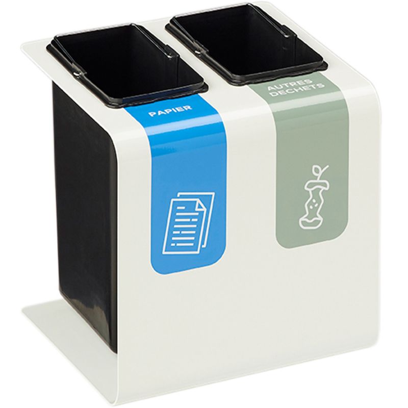 Poubelle tri sélectif 2 bacs en métal blanc avec stickers Tribu