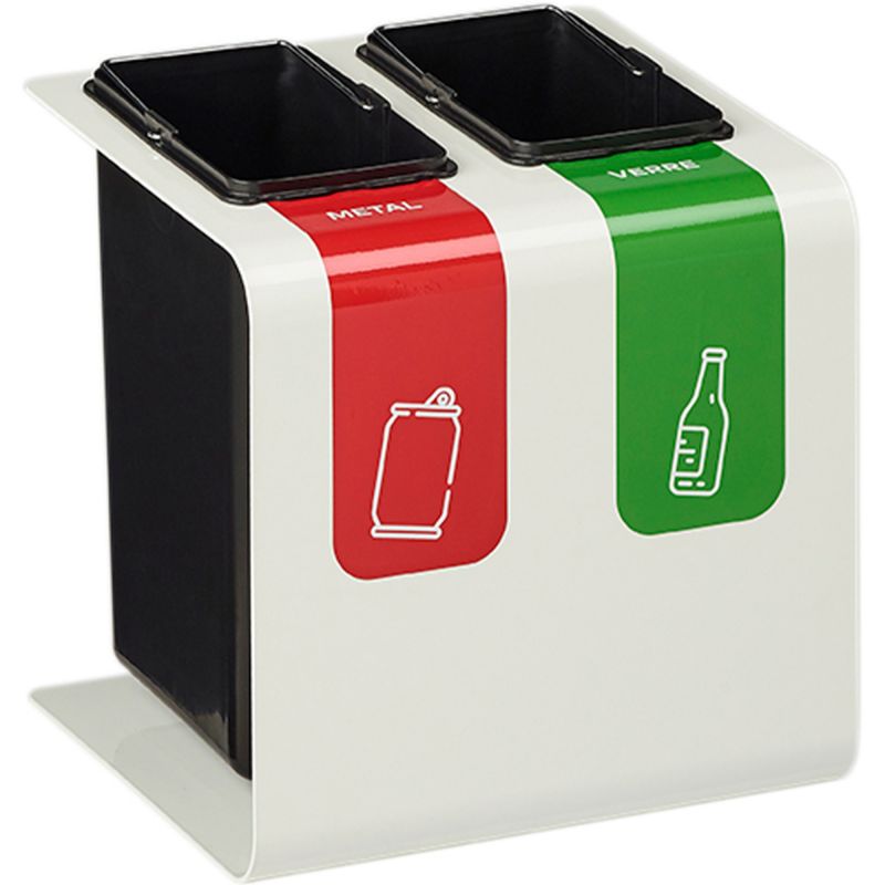 Poubelle tri sélectif 2 bacs en métal blanc avec stickers Tribu