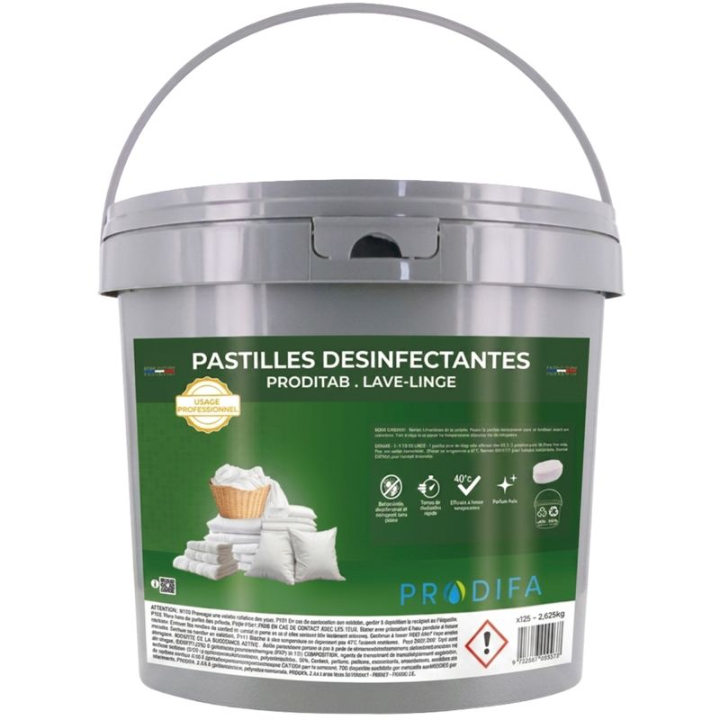 Pastilles lave-linge détergentes et bactéricides - seau de 125