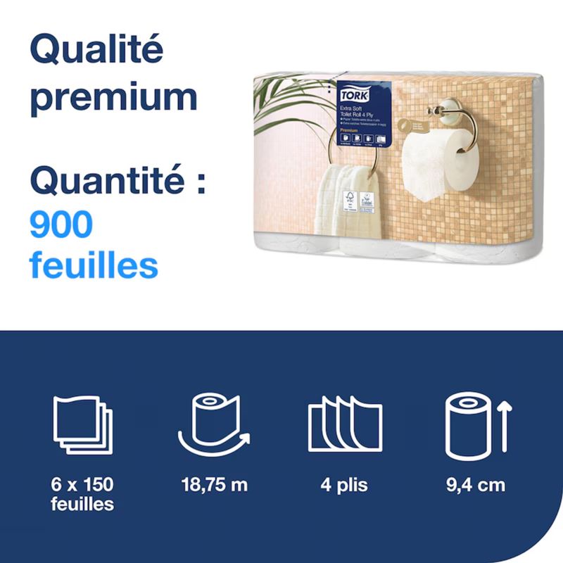 Papier toilette blanc extra doux Premium 4 plis Écolabel Tork T4 - Colis de 42 rouleaux