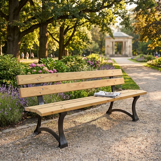 Banc public bois 5 lames pieds fonte 4 places 180 cm