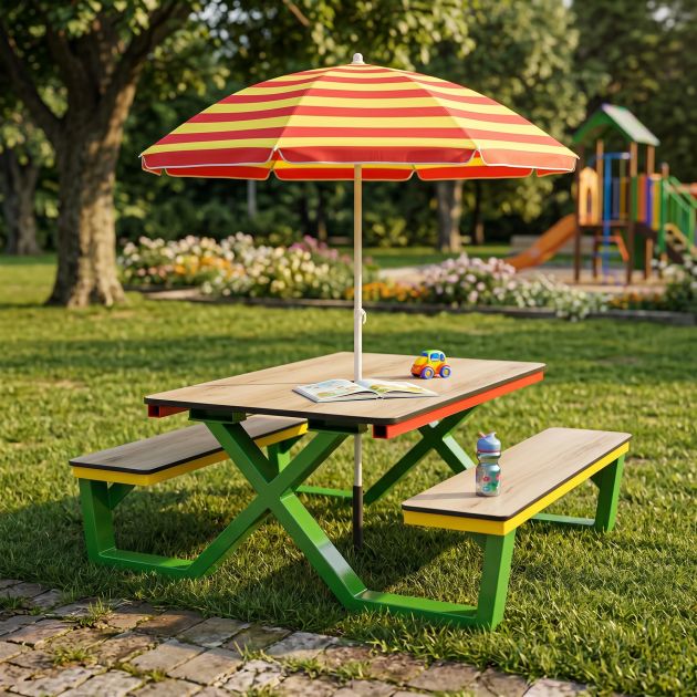 Table de pique nique enfants HPL et acier trou parasol
