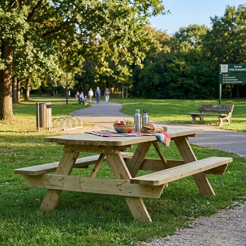 Table de pique nique en bois pin FSC 45 mm trou parasol