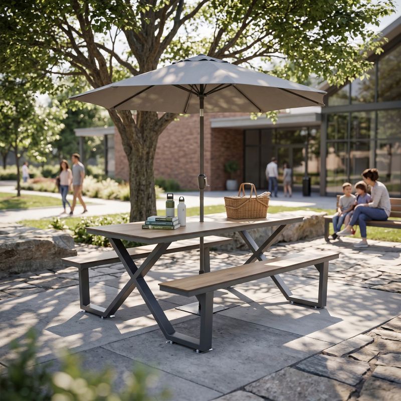 Table de pique nique HPL et acier trou parasol
