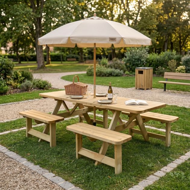 Table de pique nique bois pin FSC 40 mm trou parasol