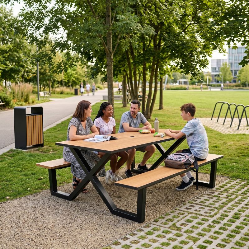 Table de pique nique PMR HPL et acier trou parasol